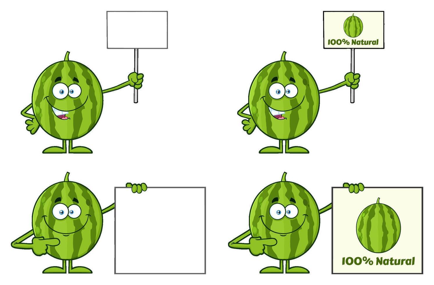 Set Of Cartoon Watermelons With Signs For Natural Juice And Editable Panels vector