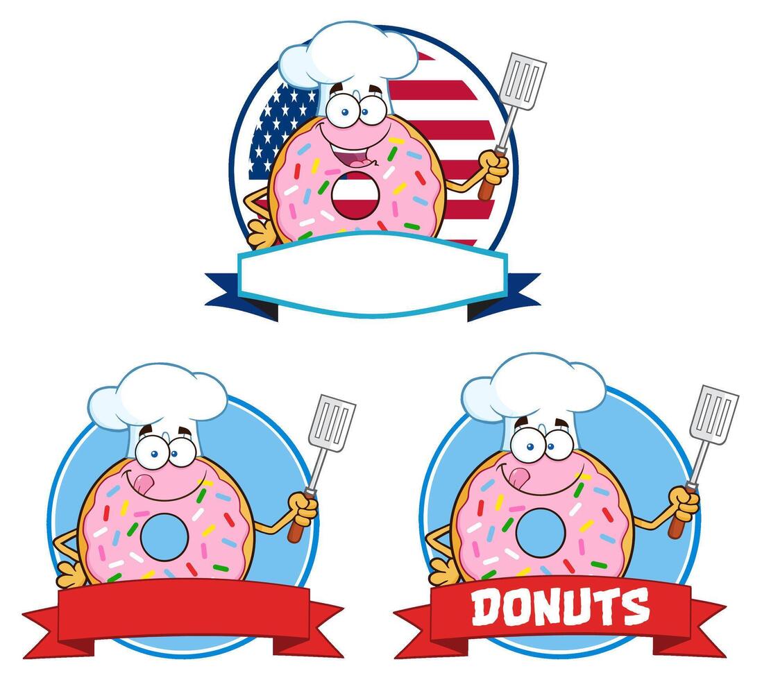 Cartoon Pink Donut Chef Logos With Sprinkles, Spatula And Red Ribbon Banner vector
