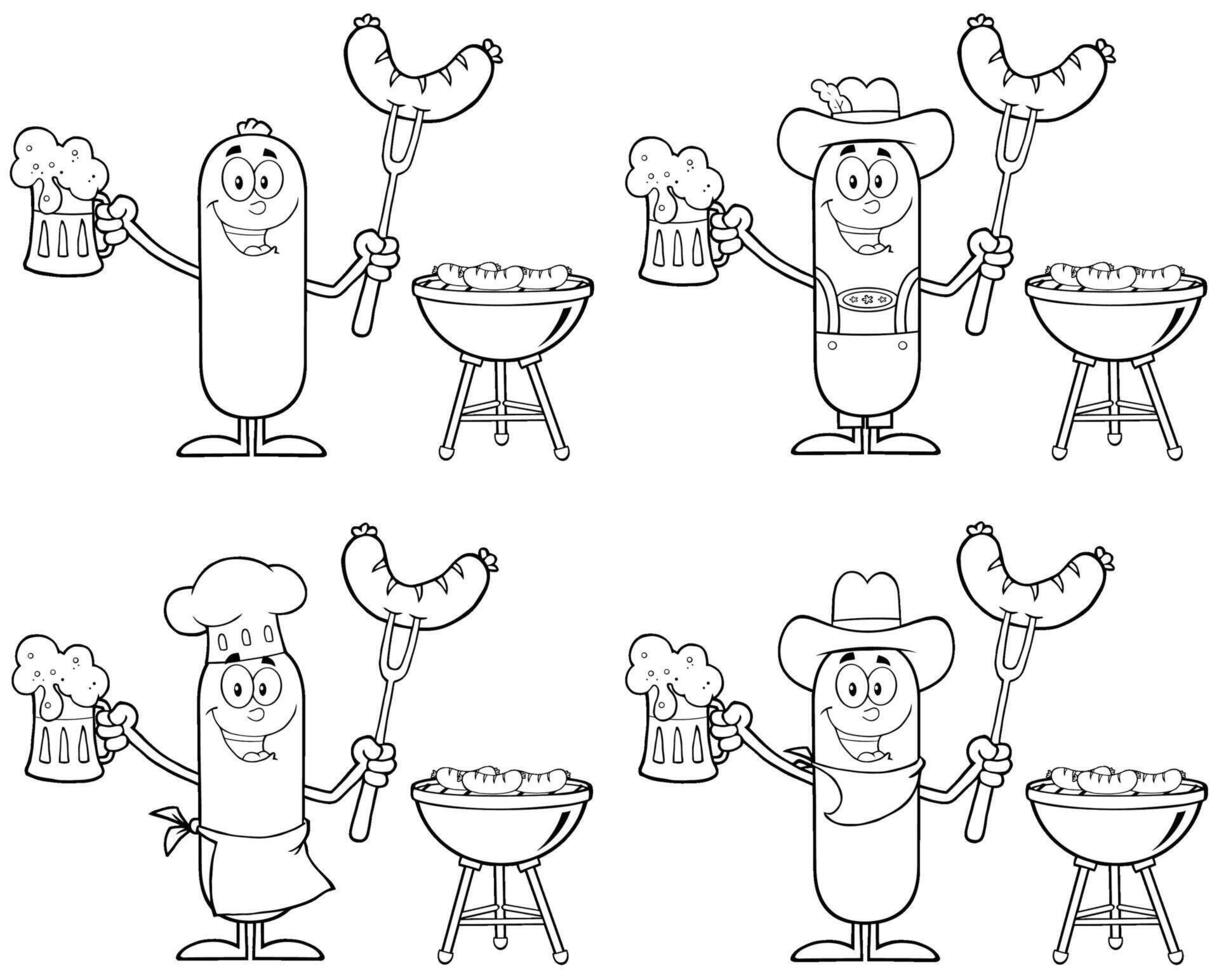 Sausage Character Collection With BBQ Grill, Beer And Monochrome Style vector