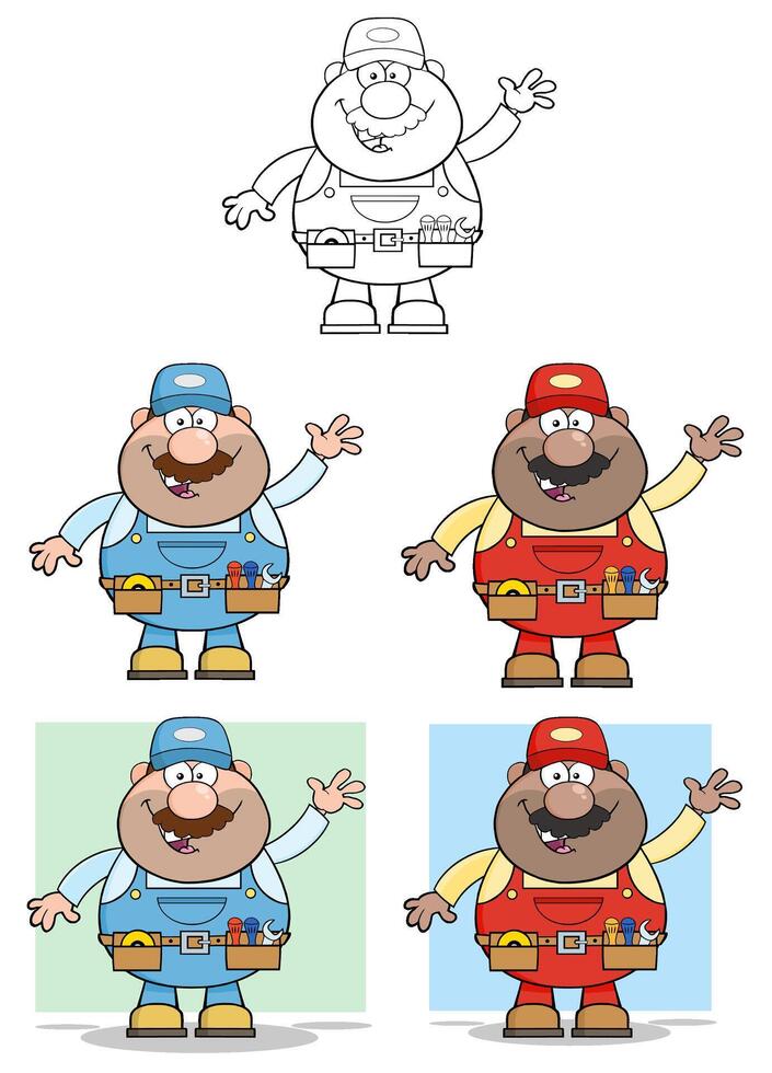 Friendly Mechanic Character Collection With Outline And Color Versions vector