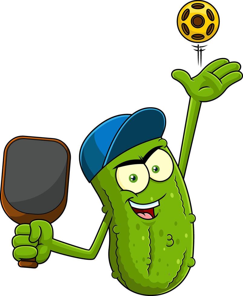 Cartoon Pickle Character Playing Pickleball With Ball In Air vector