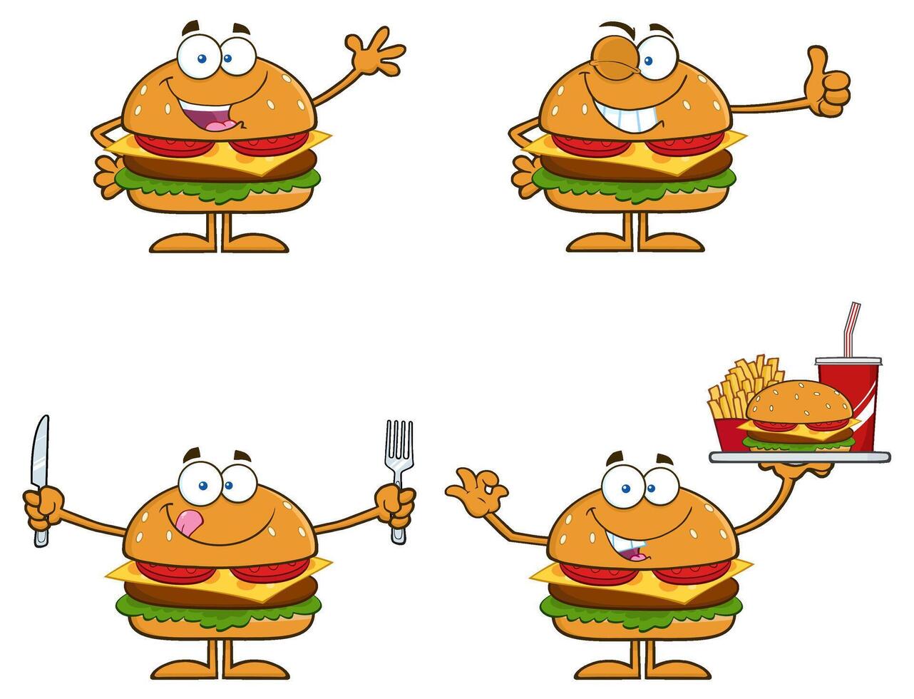 Burger Character Collection With Cutlery, Hand Gestures And Fast Food Tray vector