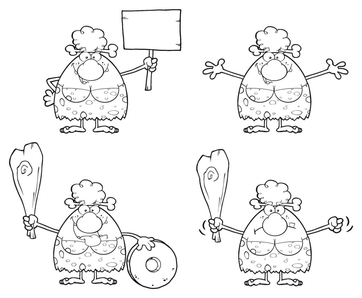 Black And White Caveman Set With Club, Arms Spread And Angry Look vector