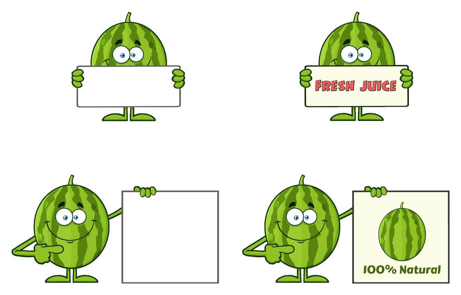 Watermelon Cartoon Characters Holding Blank Signs And Juice Messages vector
