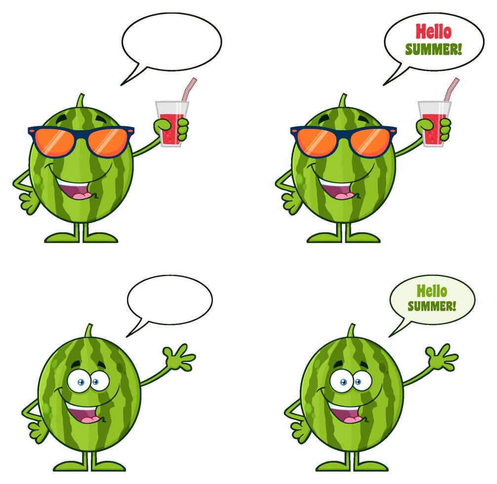 Summer Watermelon Character Collection With Juice Glass And Speech Bubbles vector