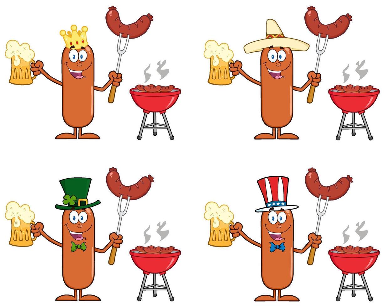 Barbecue Sausage Character Collection With Beer, Grill And Festive Hats vector