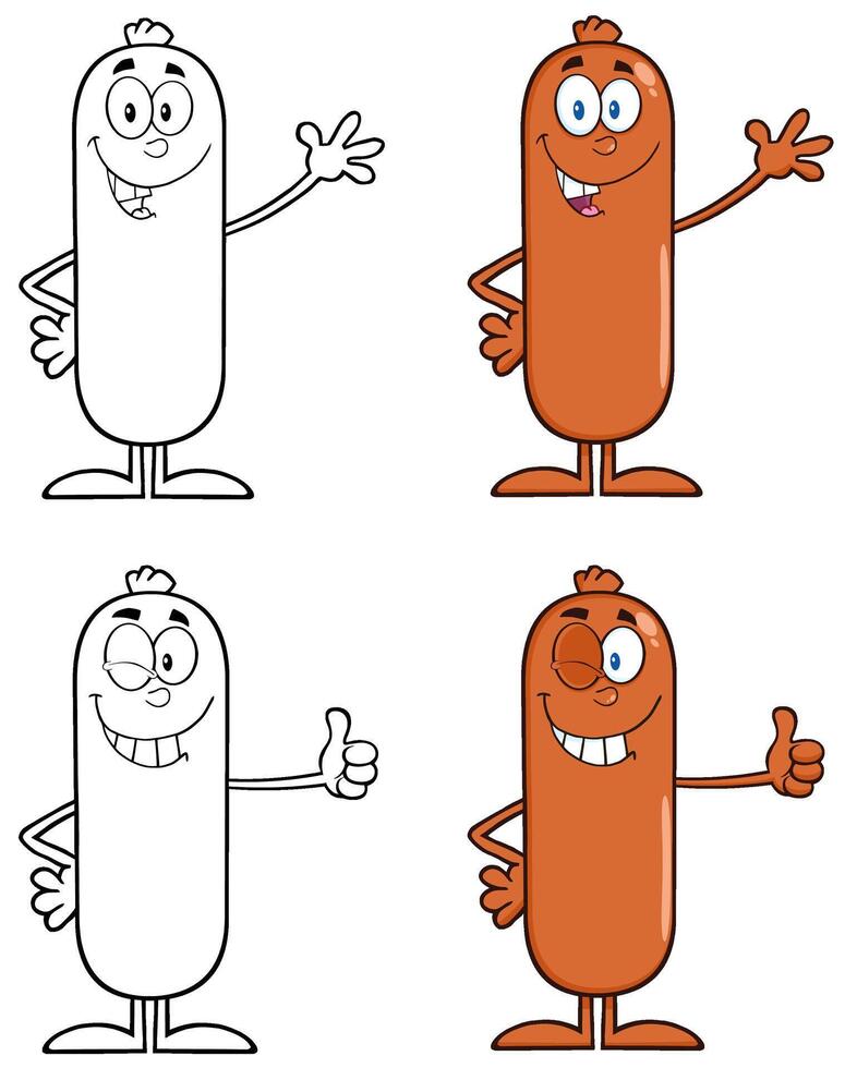 Sausage Character Collection With Thumbs Up And Waving In Color And Outline vector