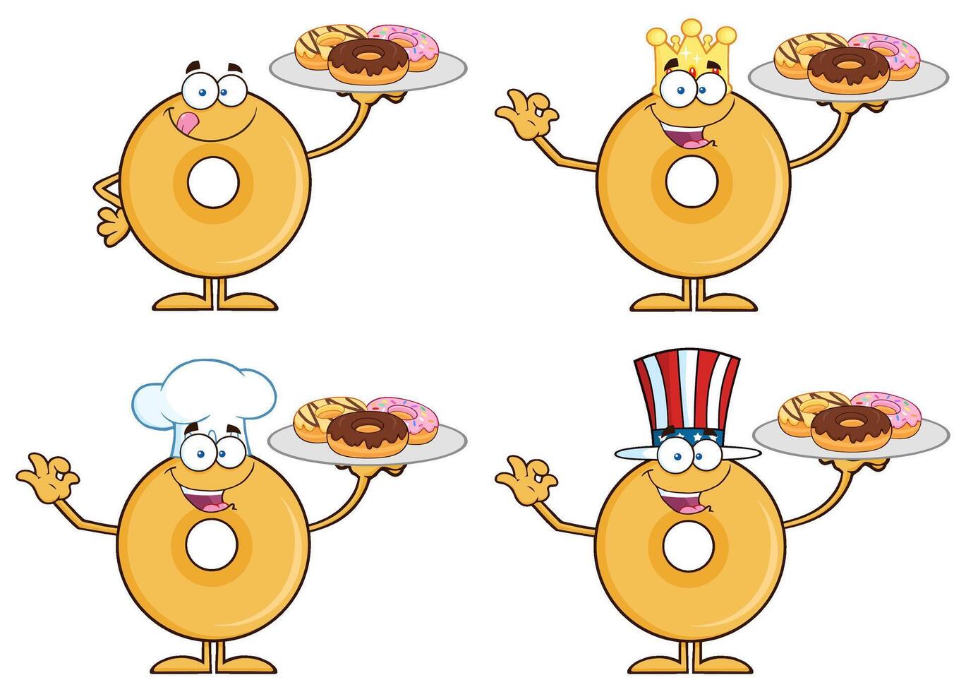 Cartoon Vanilla Donut Characters With Crowns, Chef Hats And USA Themed Hats Holding Pastries vector