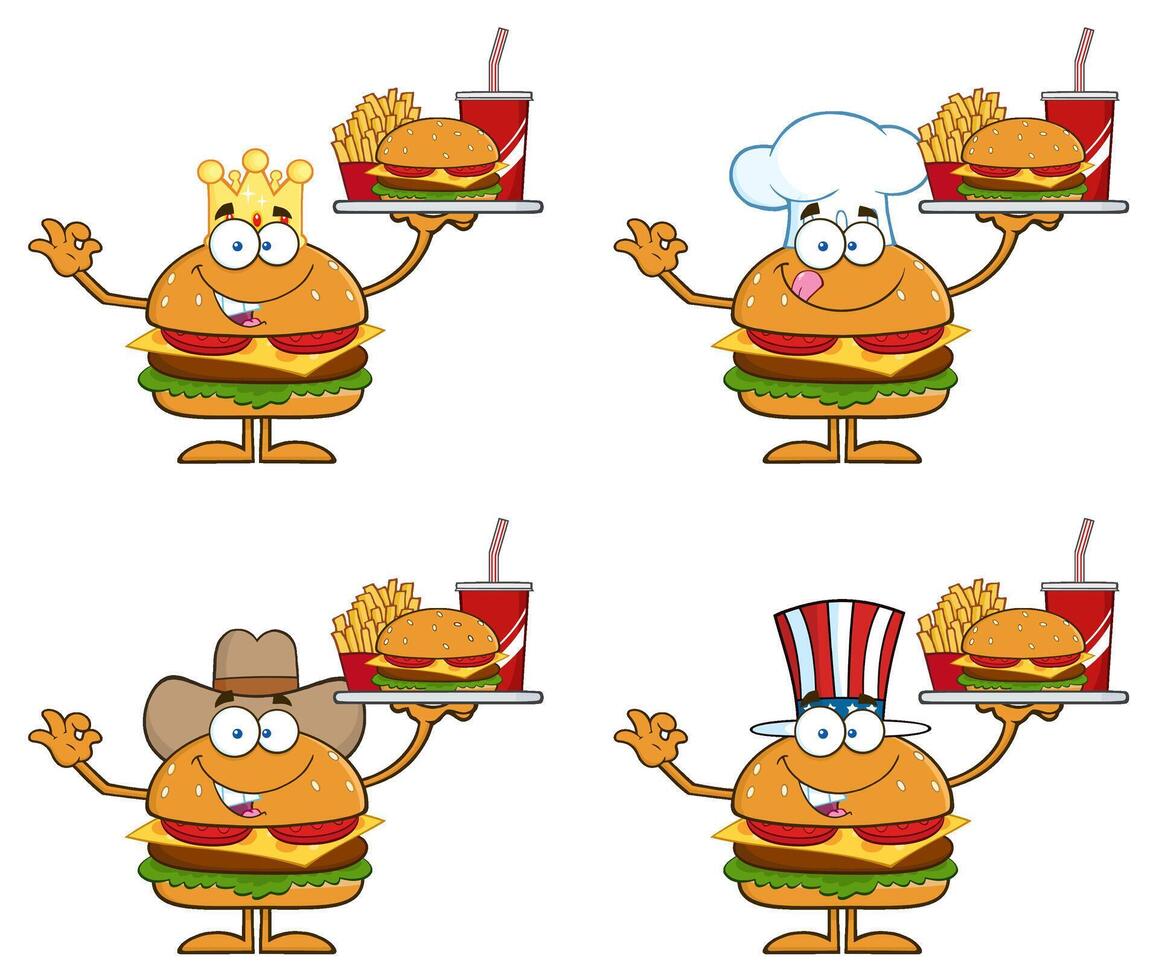 Burger Character Collection With Fast Food Tray And Themed Costumes vector
