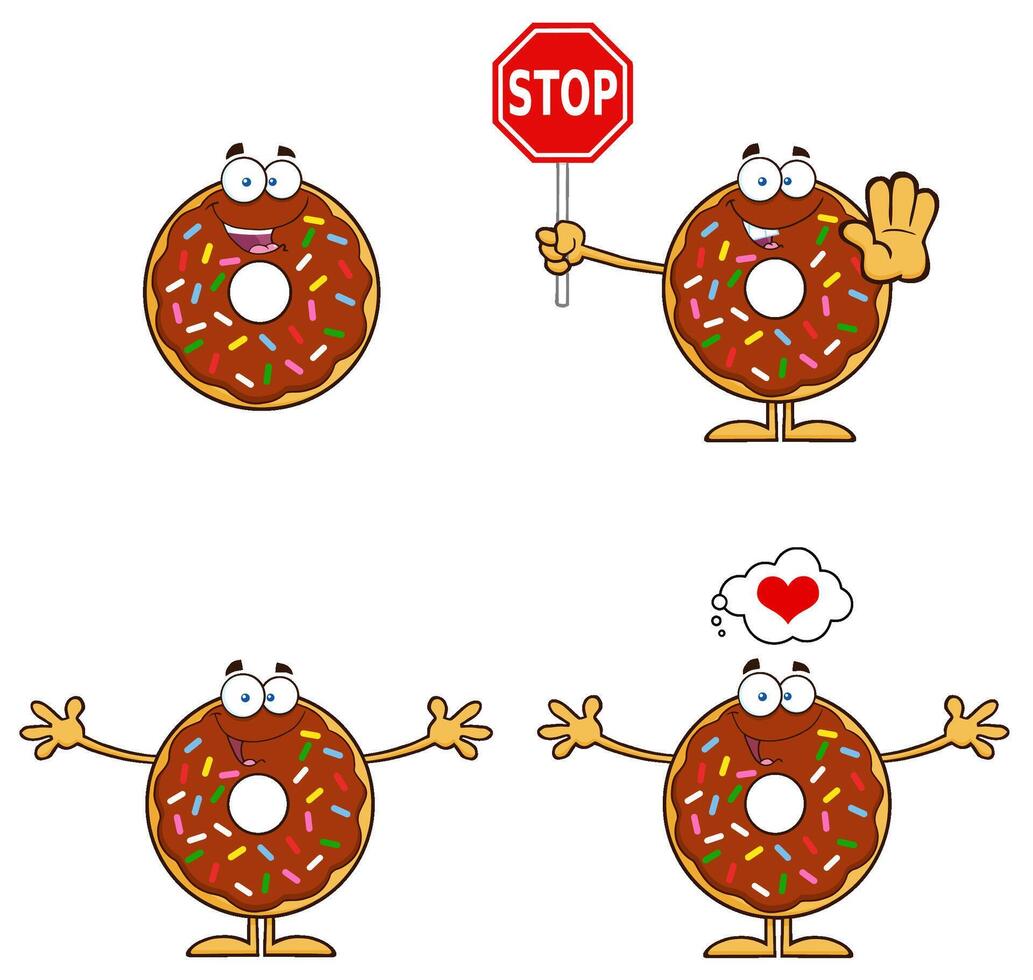 Cartoon Chocolate Sprinkle Donut Characters With Stop Sign And Love Thought Bubble vector