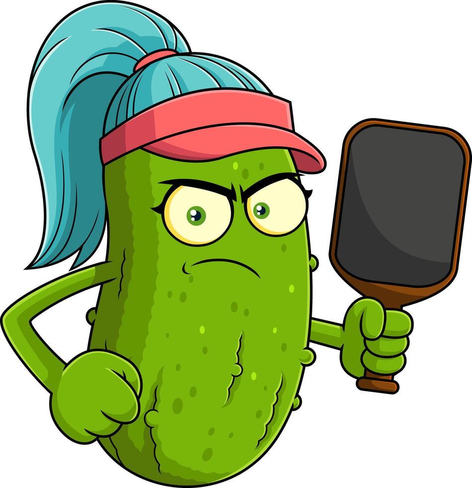 Angry Pickle Character With Paddle And Ponytail Wearing Visor vector