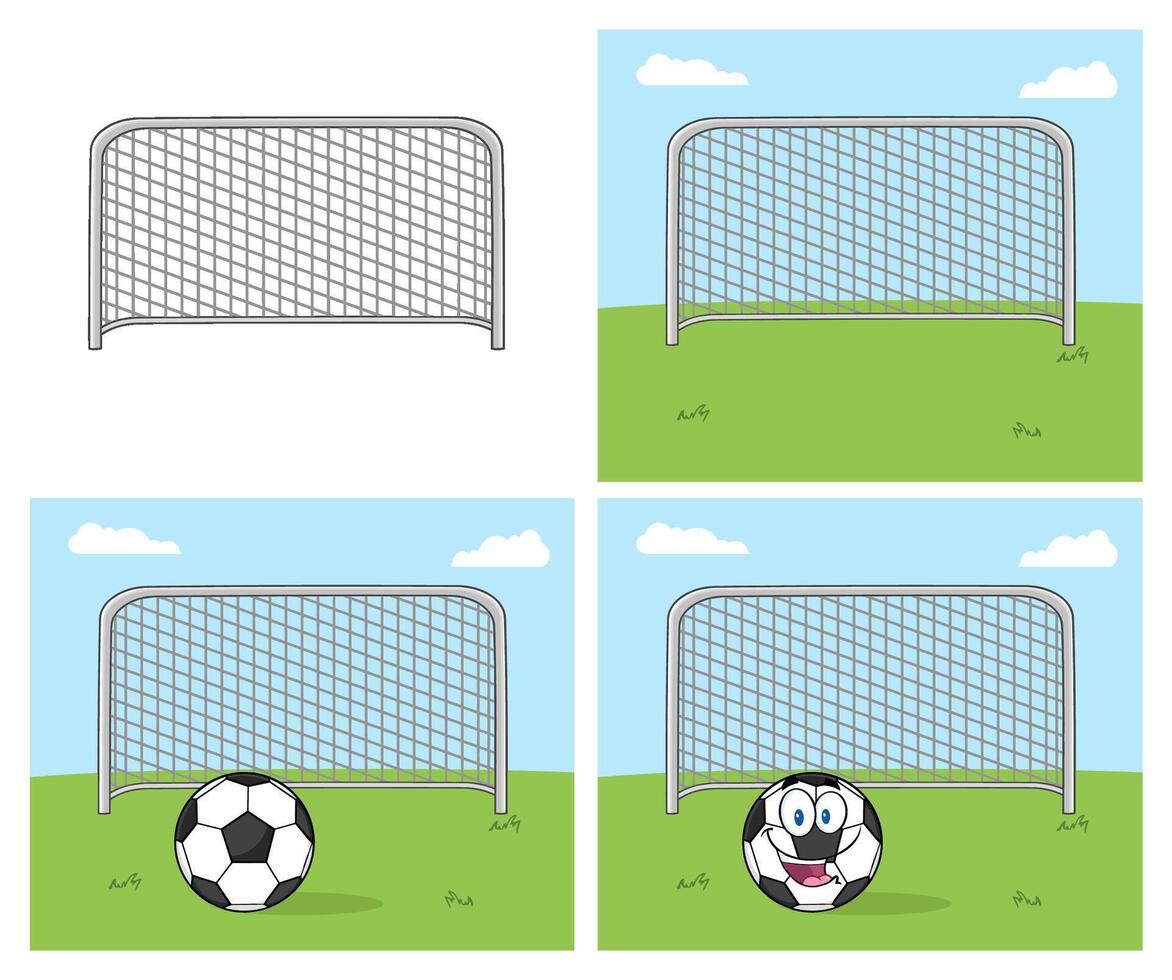 Cartoon Soccer Goal Set With Football And Funny Ball Character On Grass Field vector