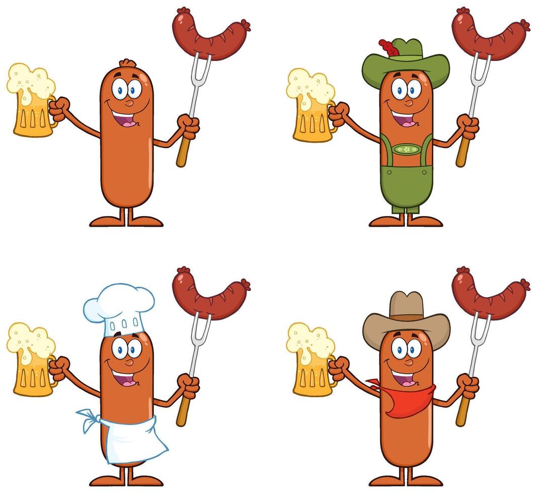 Grilled Sausage Character Collection With Beer Mug And Themed Costumes vector