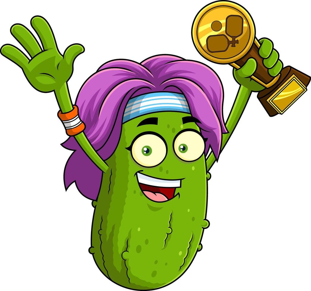 Happy Pickle Character Holding Trophy With Raised Hands vector