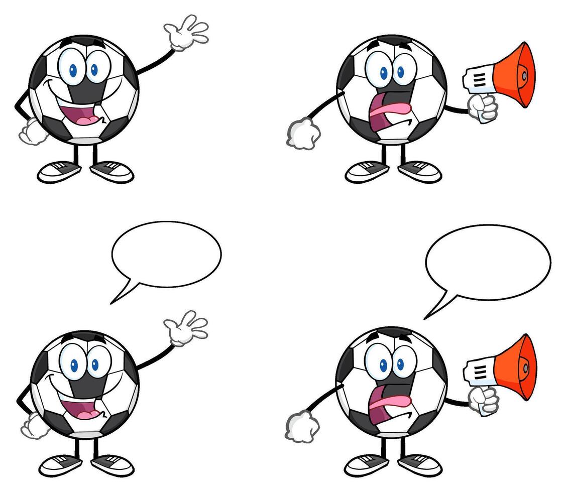 Cartoon Soccer Ball Characters With Megaphones And Empty Speech Bubbles vector