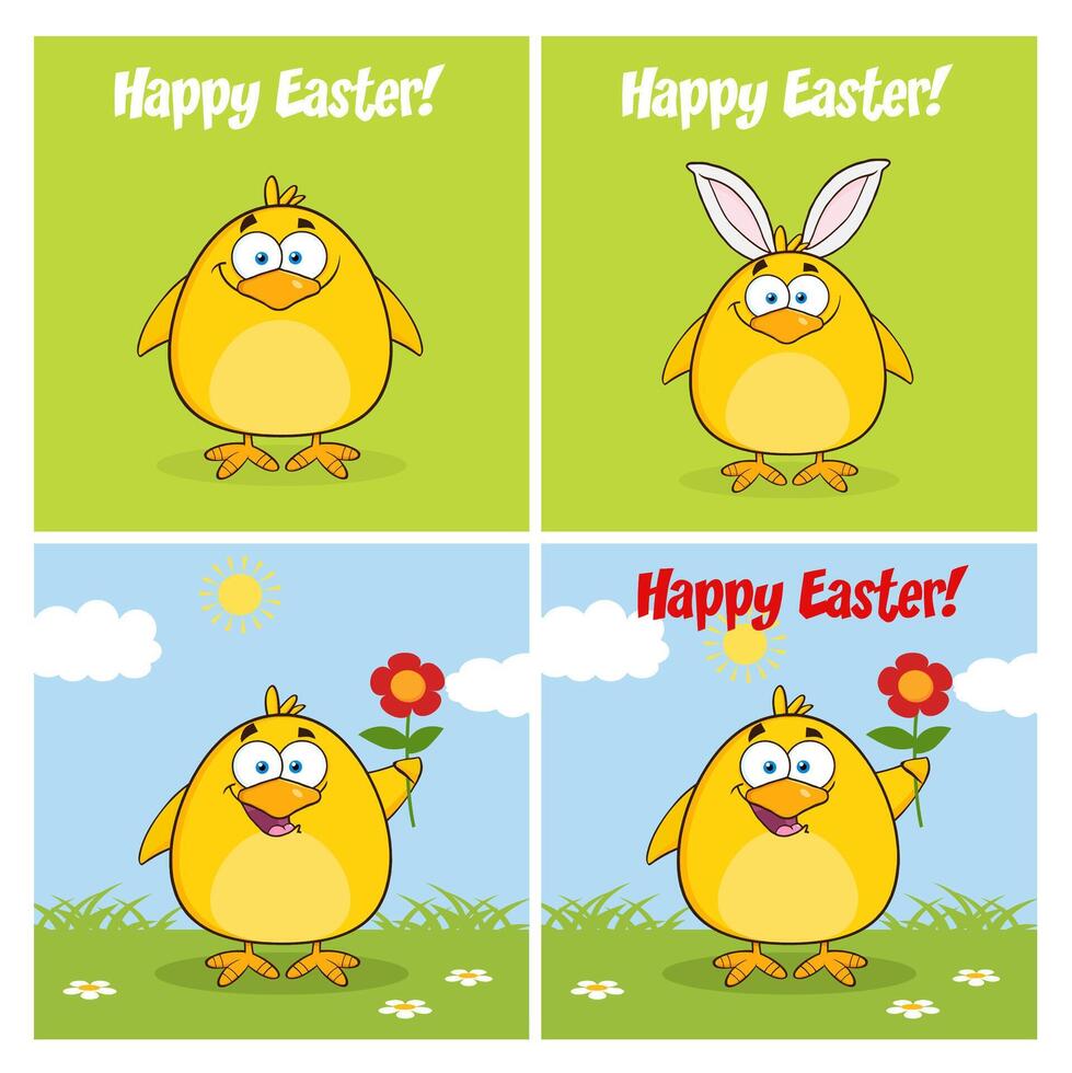 Cartoon Easter Chick Characters With Bunny Ears, Flowers And Happy Easter Text vector