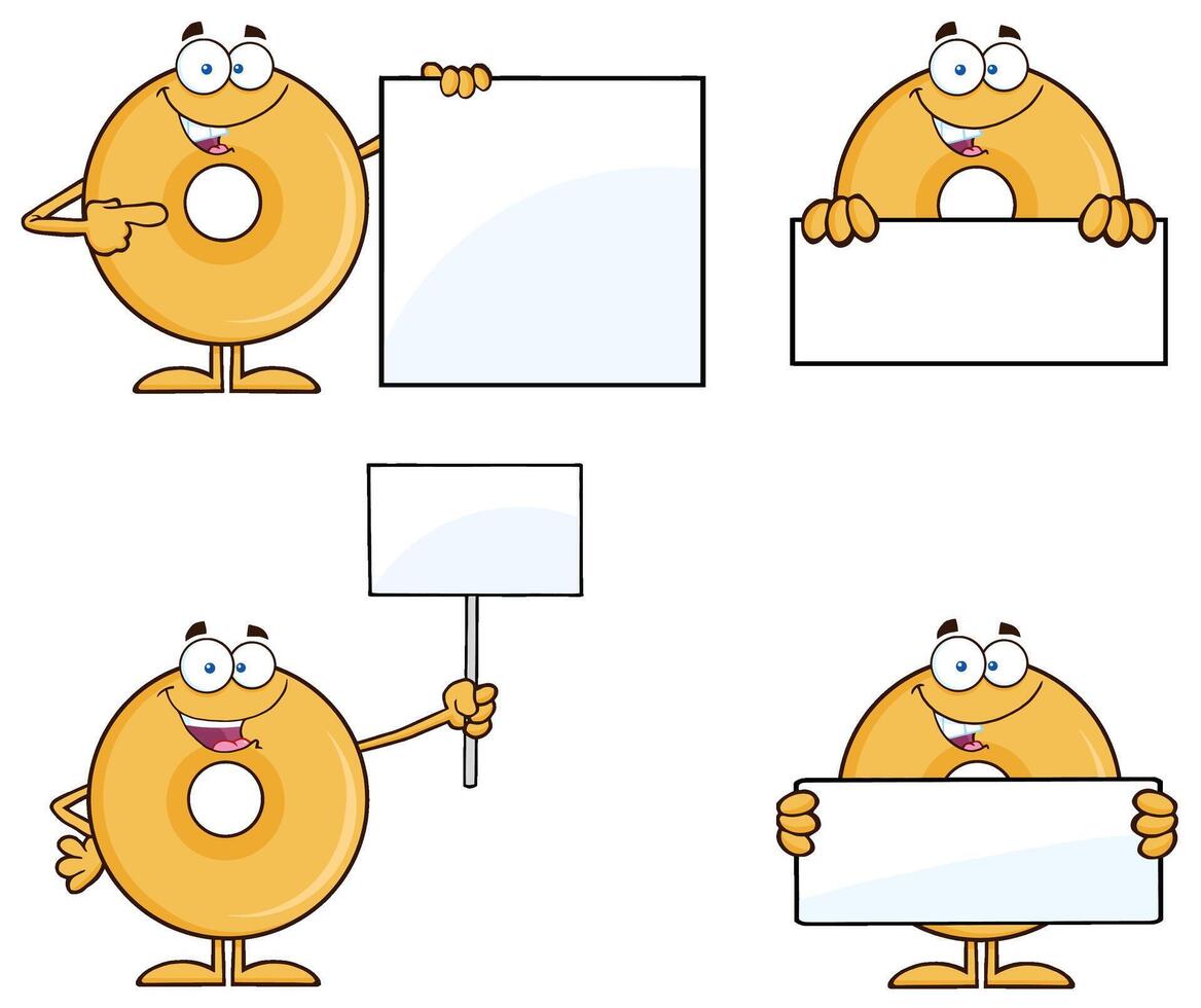 Cartoon Vanilla Donut Characters Holding Blank Signs, Posters And Banners vector