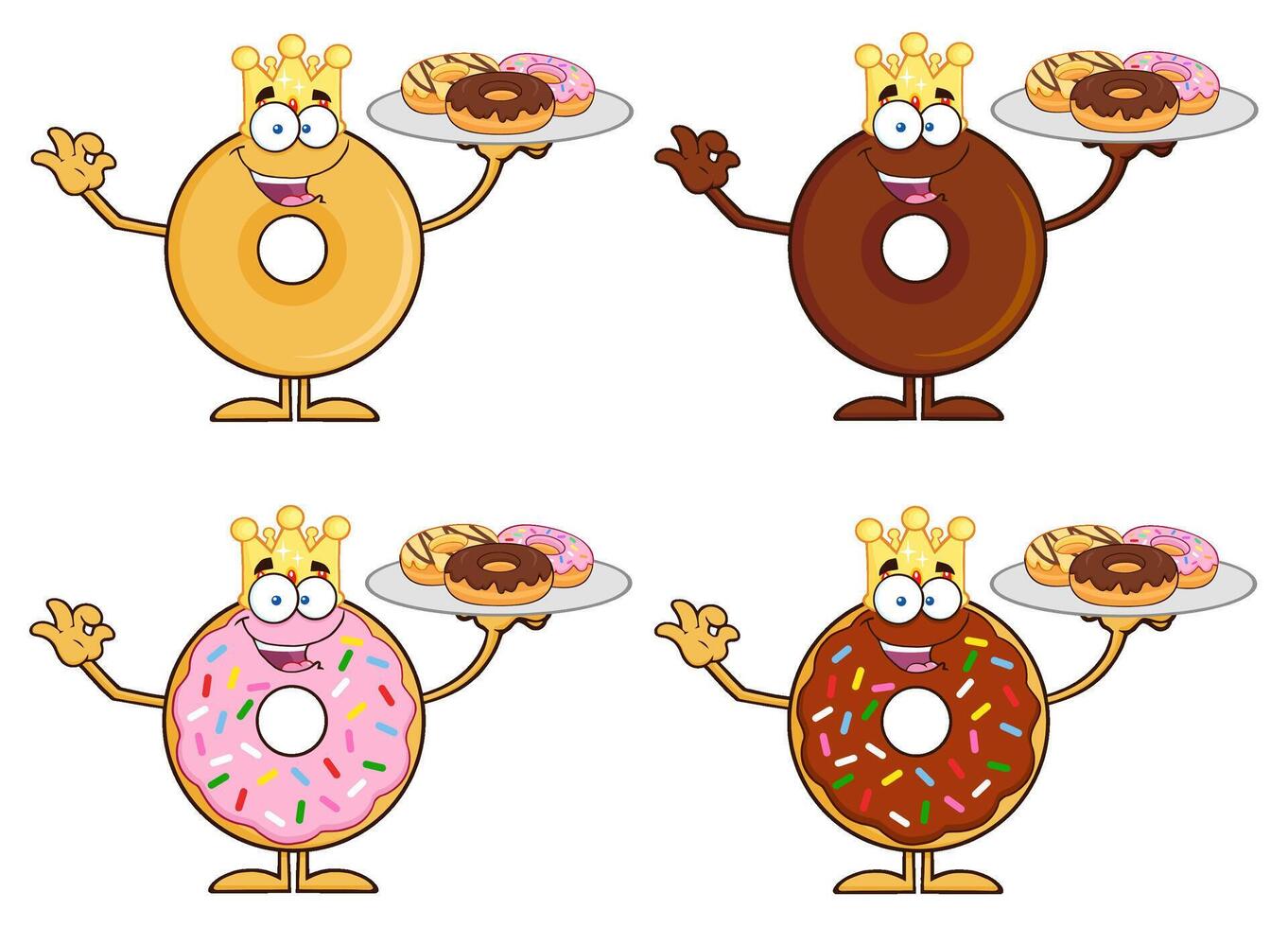 Cartoon Donut King Characters With Crowns Holding Dessert Trays With Doughnuts vector