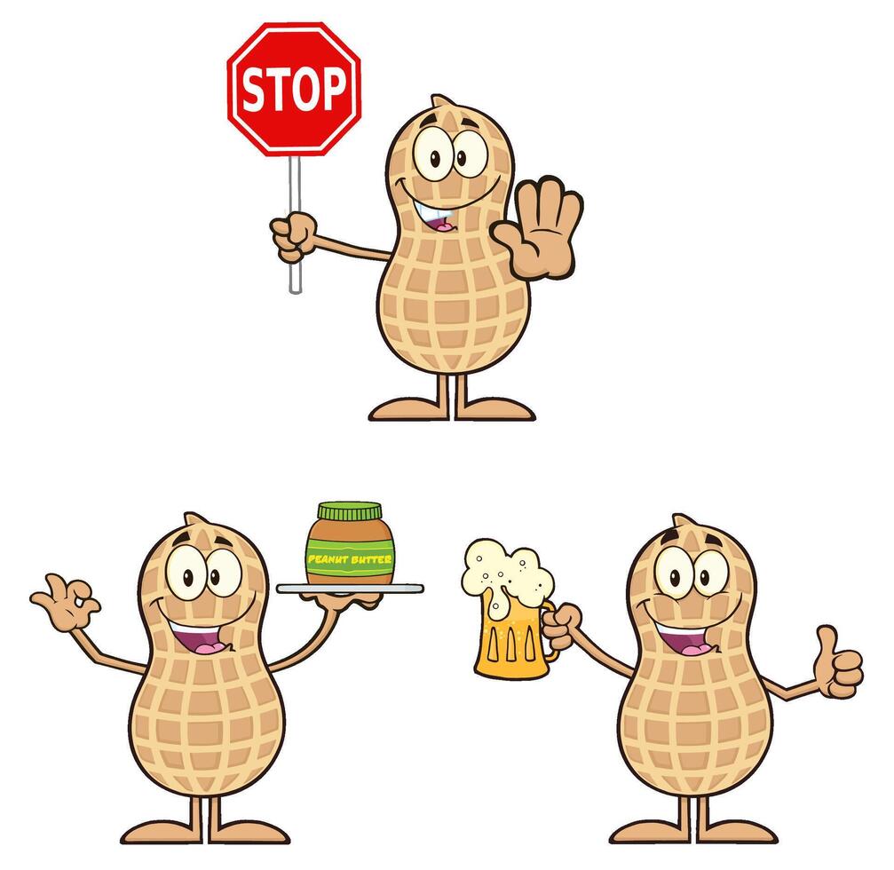 Cartoon Peanut Character Collection With Stop Sign, Beer, and Peanut Butter Jar vector