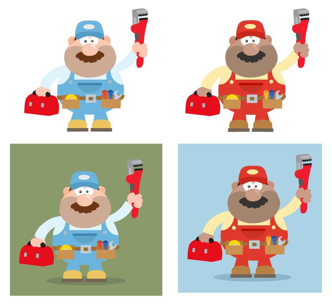 Cartoon Technician Character Collection With Toolbox And Pipe Wrench vector