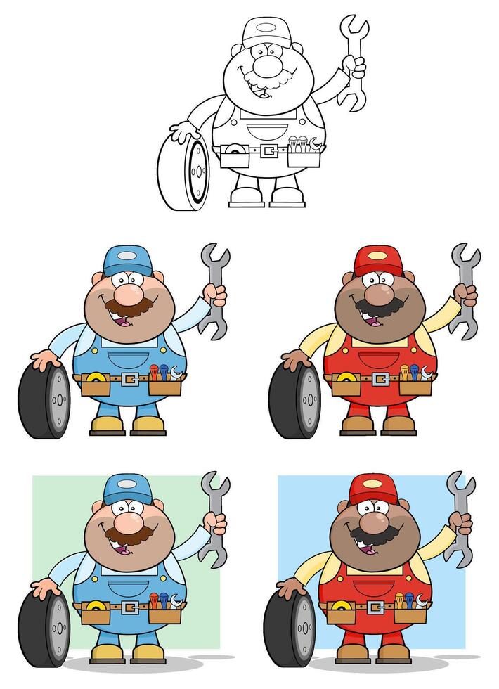 Cartoon Mechanic Character Collection With Tire And Outline Option vector