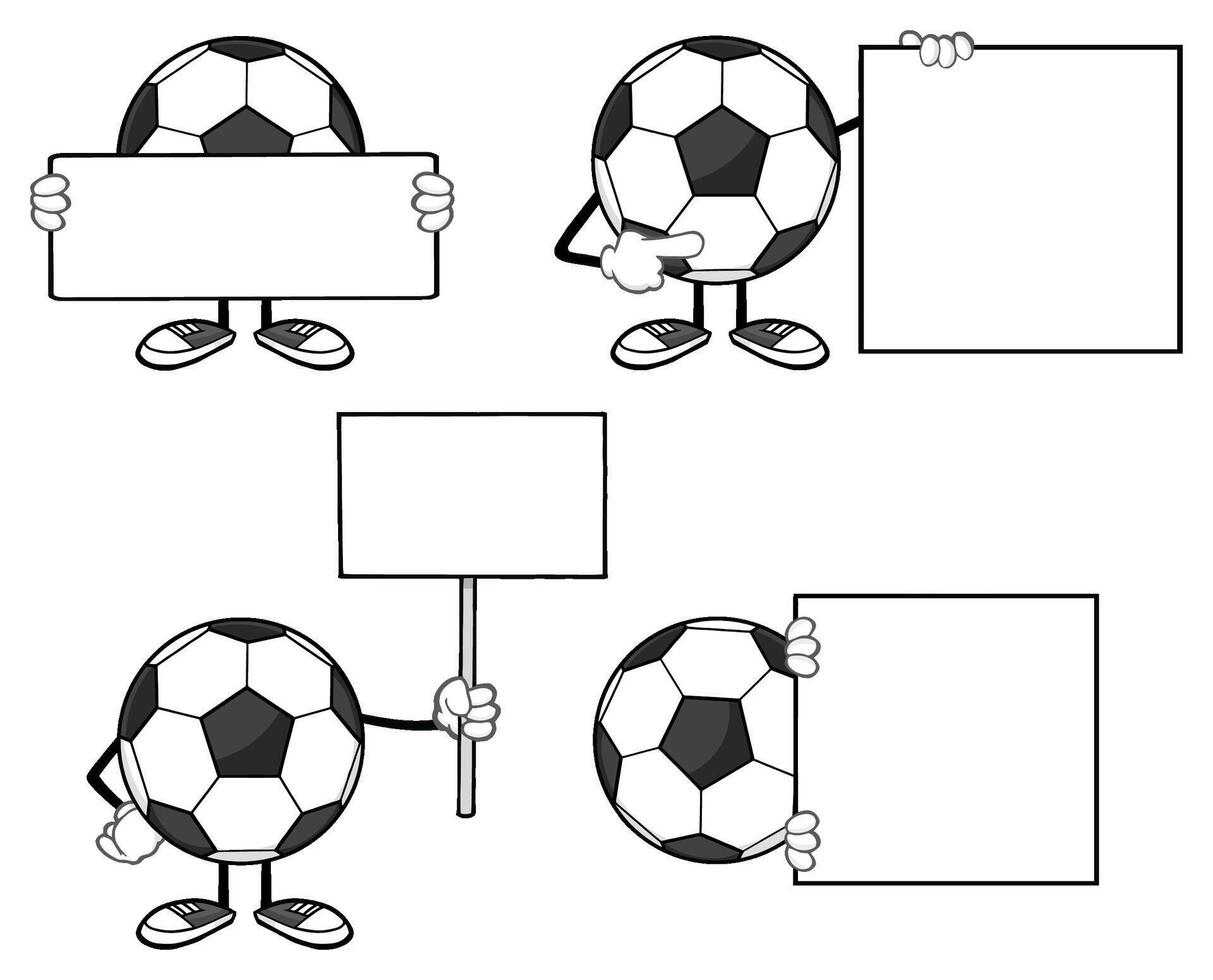 Funny Football Ball Mascots With Empty Message Signs And Pointing Hands vector