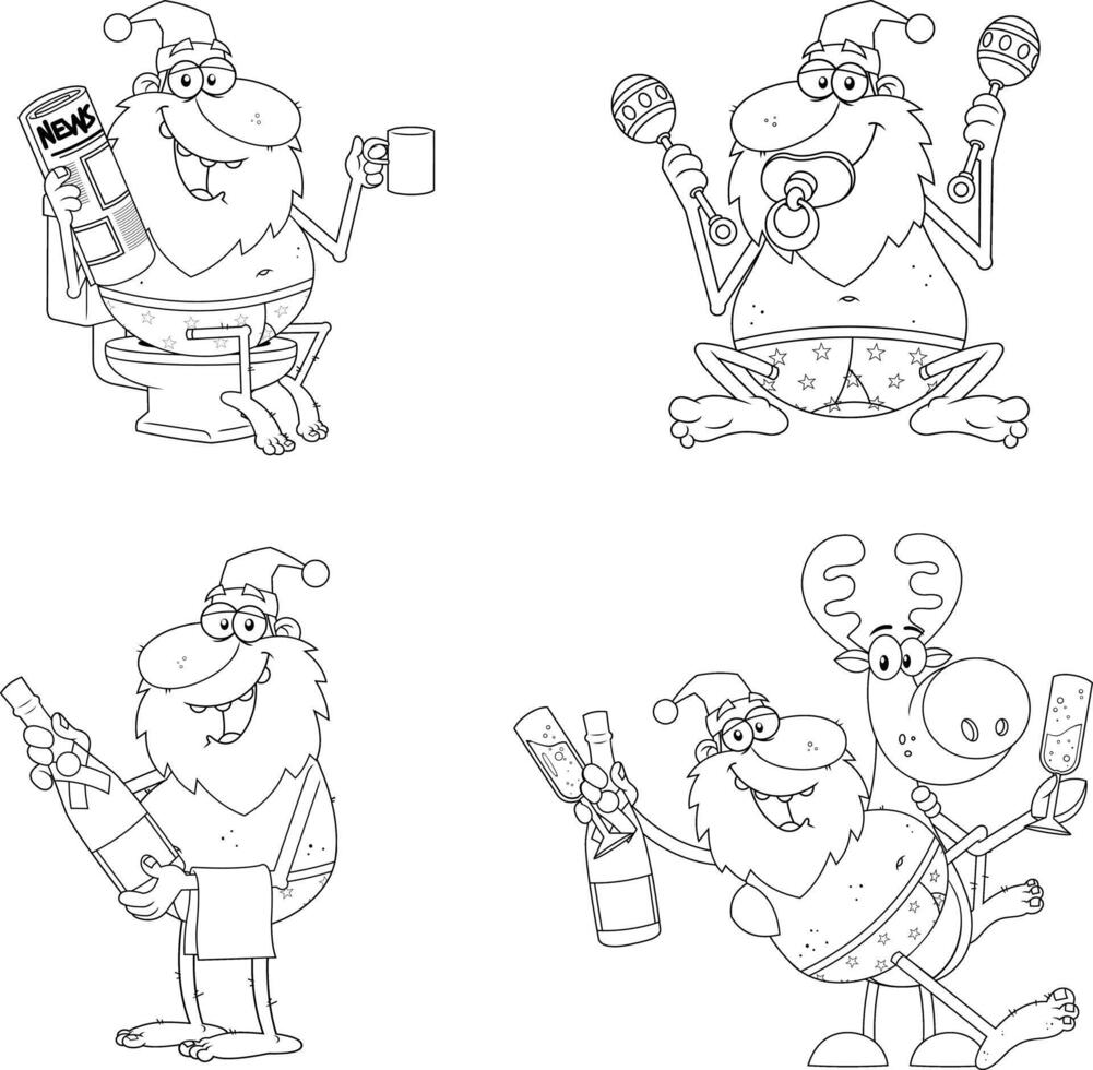 Drunk Santa-Like Creature Line Art Collection With Festive Alcohol Scenes vector