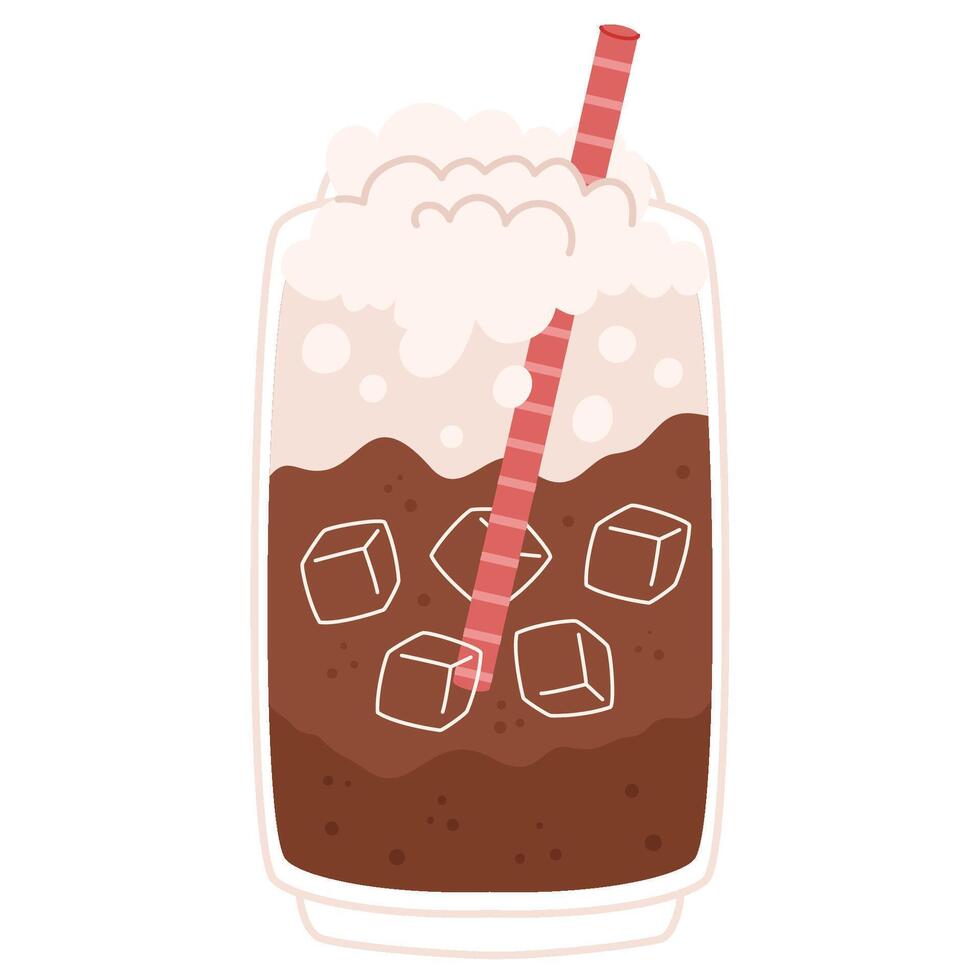 Classic iced cola with whipped cream foam and red straw in transparent glass vector