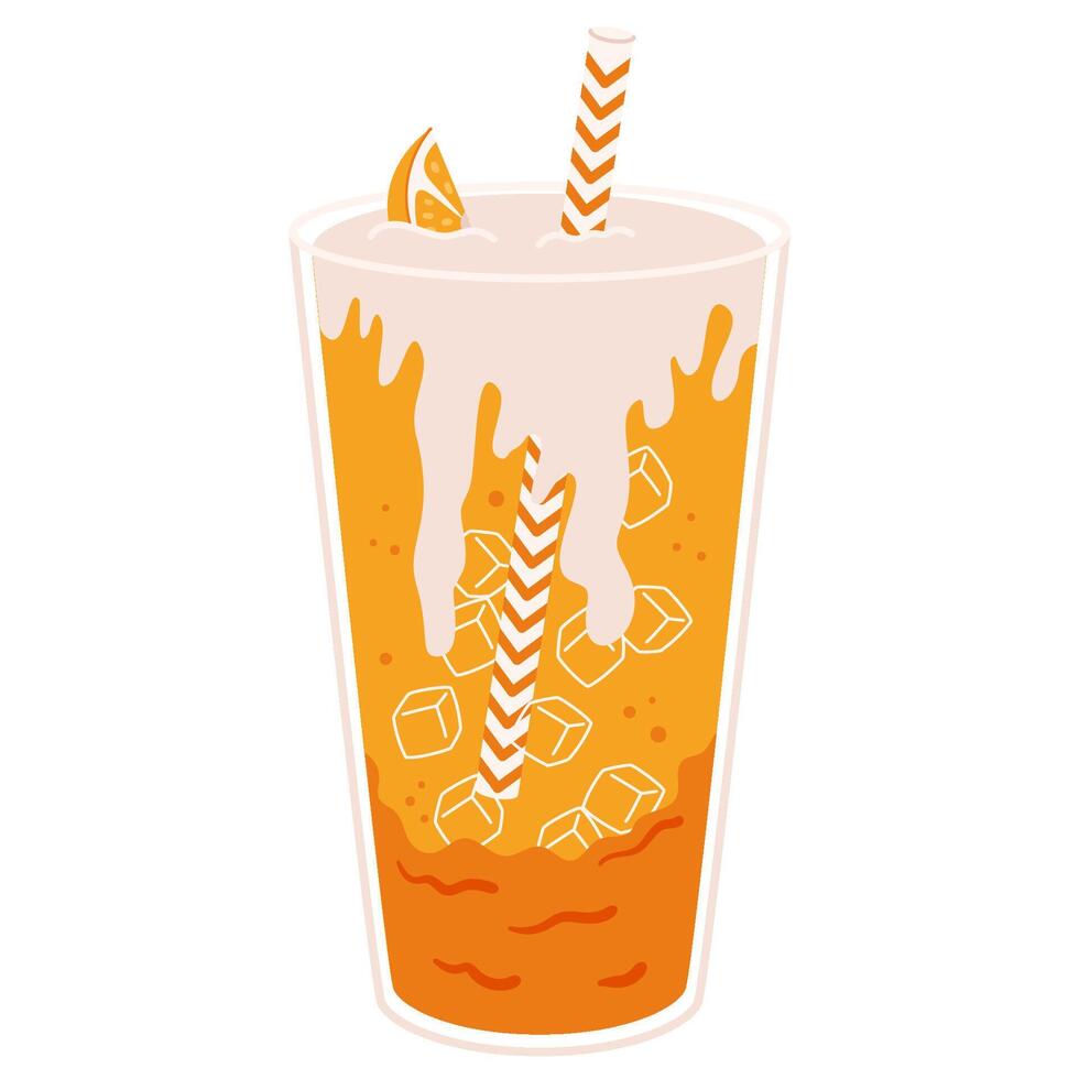 Orange soda with whipped cream, ice cubes and striped straw in clear glass isolated vector
