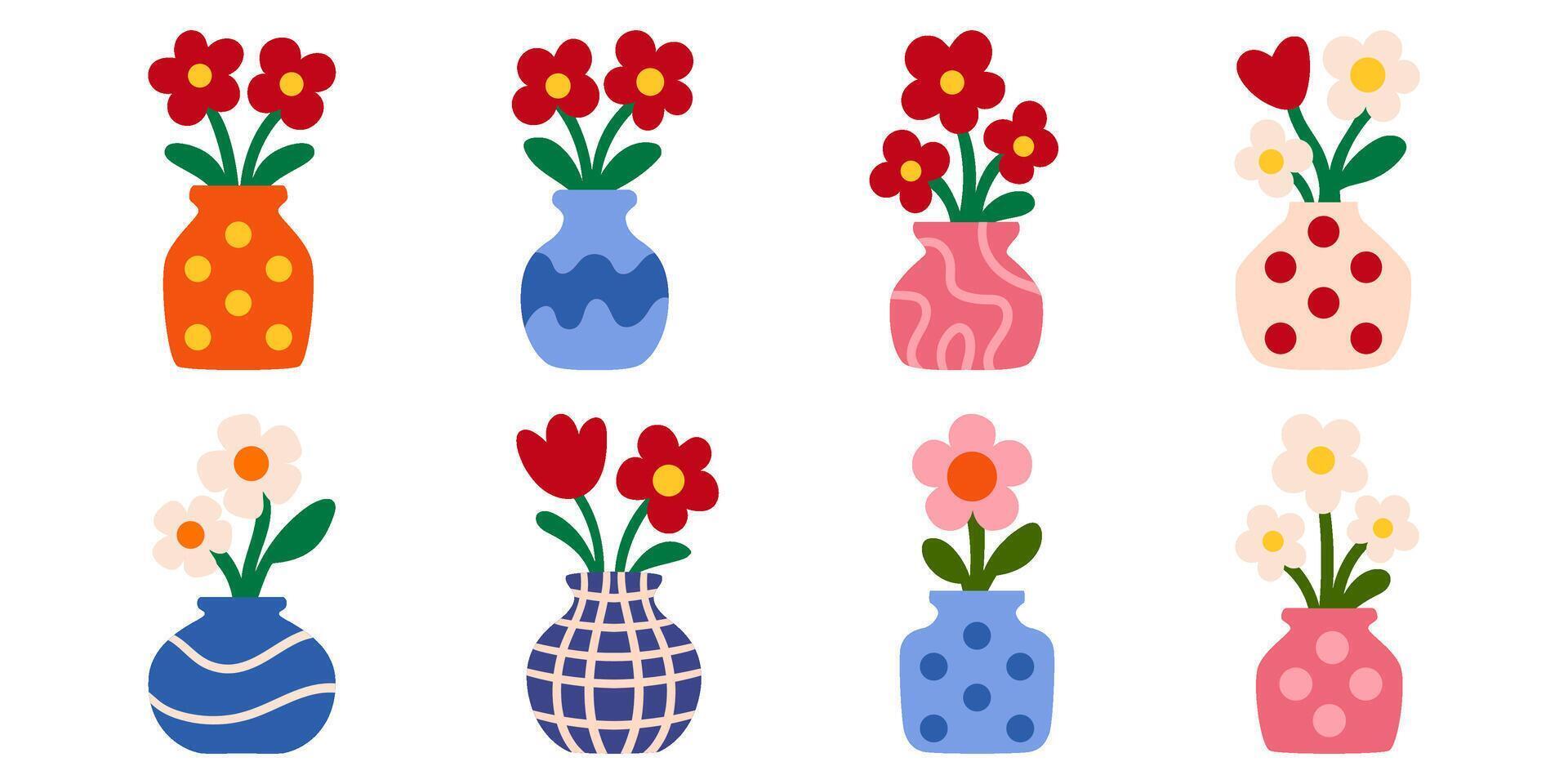 Cartoon flowers in decorative patterned vases set flat floral illustration isolated on white background vector