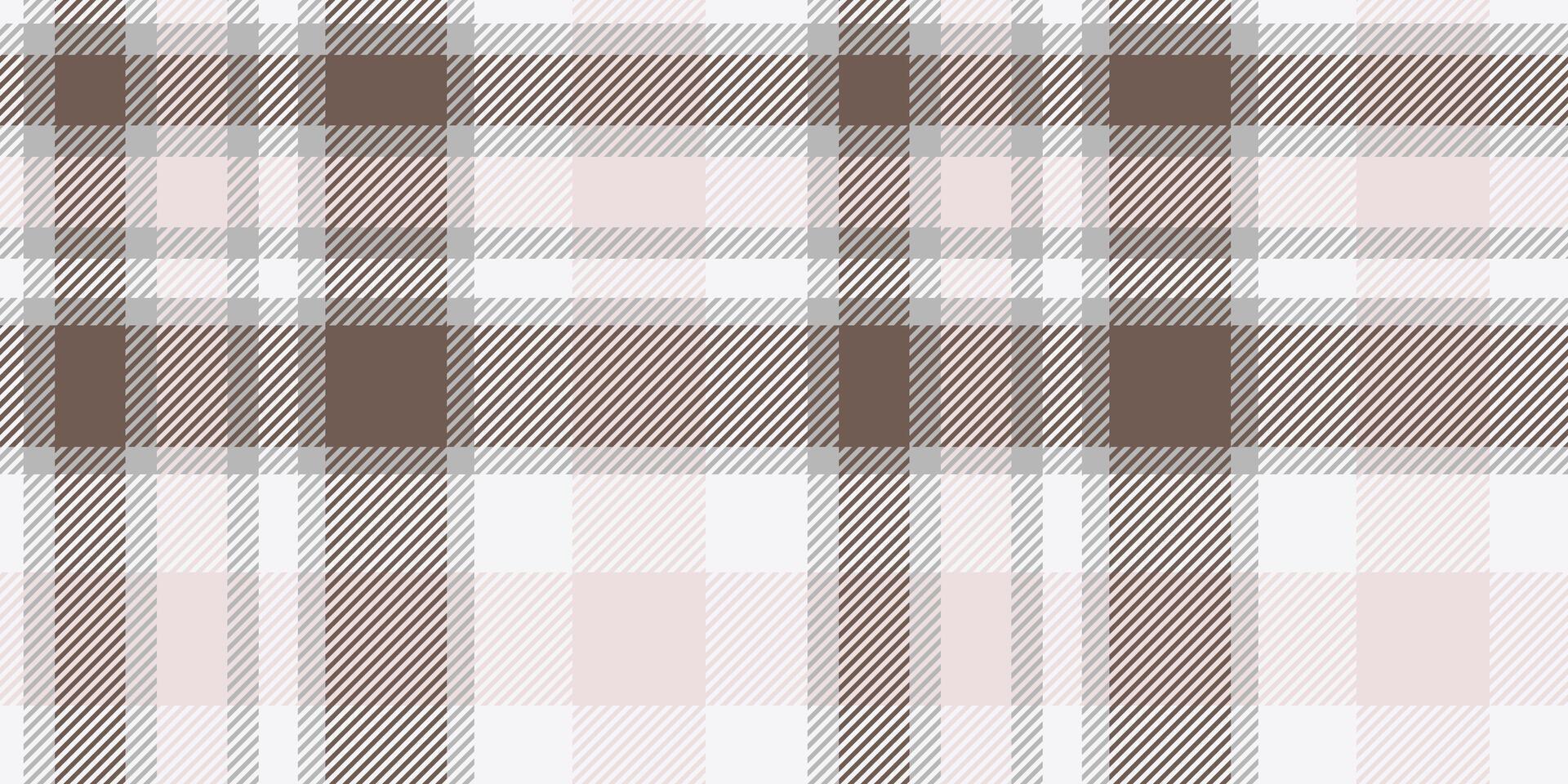 Seamless brown, white, and soft pink tartan plaid pattern with diagonal stripes. Geometric checkered design for fabric, wallpaper, or digital backgrounds. repeatable textile texture. vector