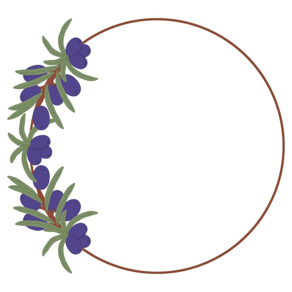 Minimalist Circular Frame with Purple Berries and Green Leaves in a Hand-Drawn Botanical Design vector