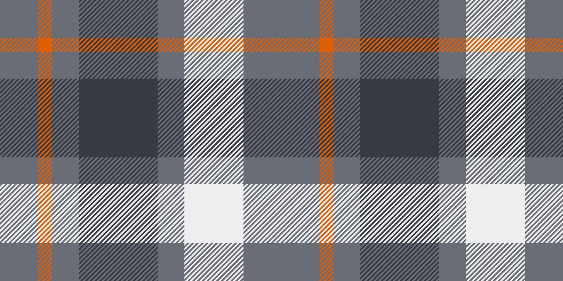 Seamless gray, orange, black, and white tartan plaid pattern with bold diagonal stripes. Geometric checkered design for fabric, wallpaper, or digital backgrounds. repeatable textile texture vector