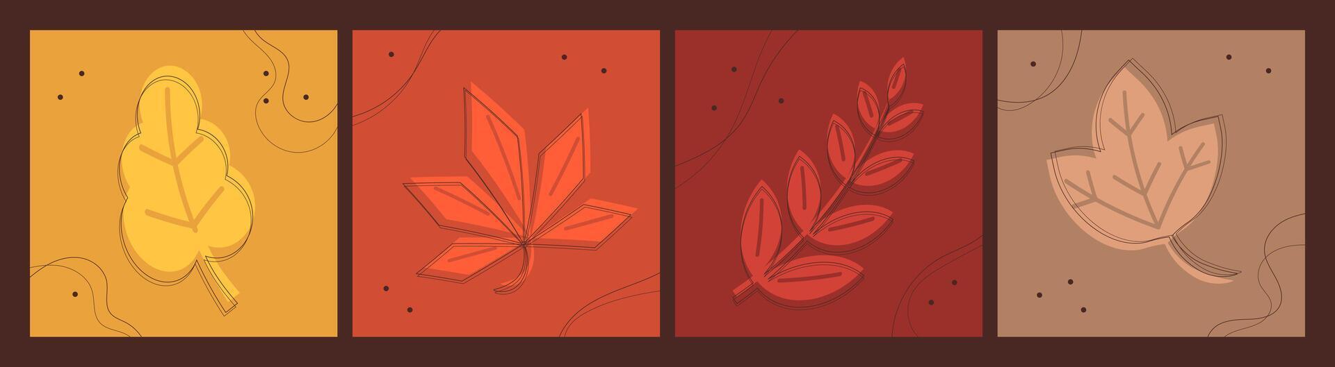 Autumn square cards with cute floating leaves with line art and decorations. Fall decorative cards and backgrounds. illustration. vector