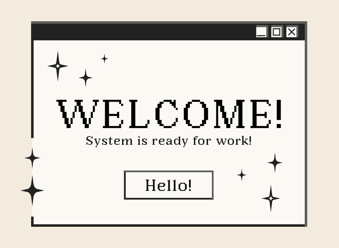 Retro computer window and dialogue screen with Welcome message, interface in 00s aesthetics. illustration and graphic design element. vector
