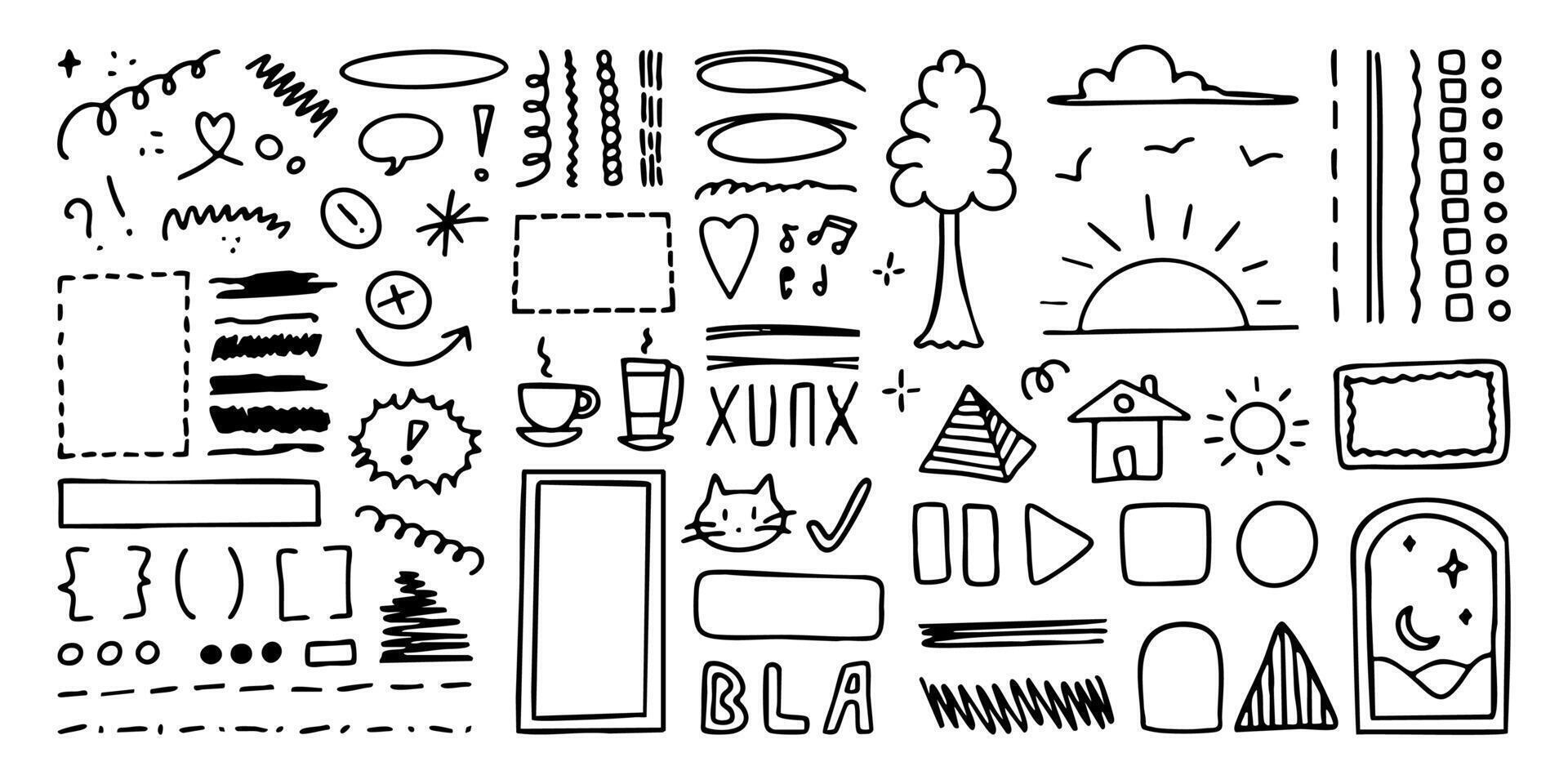 Doodle set, different hand drawings, stickers, cute childish scribbles and decorations. design elements, graphic illustration. vector