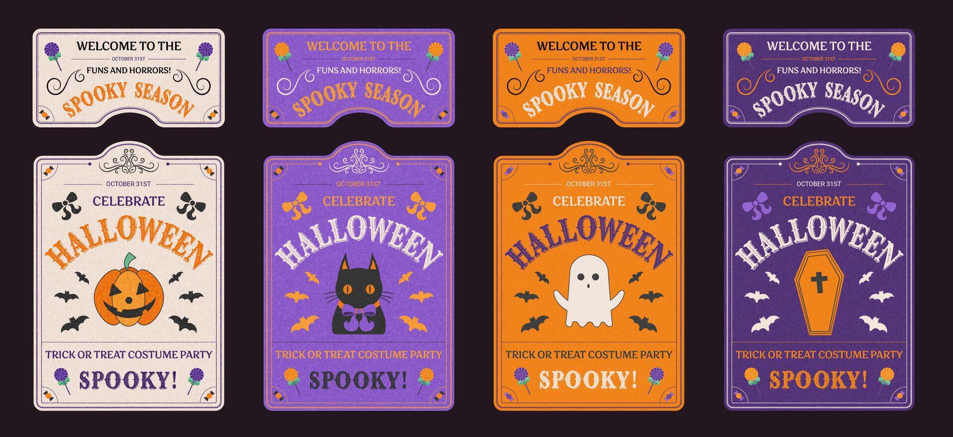 Halloween decorative banners and stickers with playful spooky drawings. Creepy graphic decorative elements with pumpkins and ghosts, cards and texts with party announce. illustration. vector