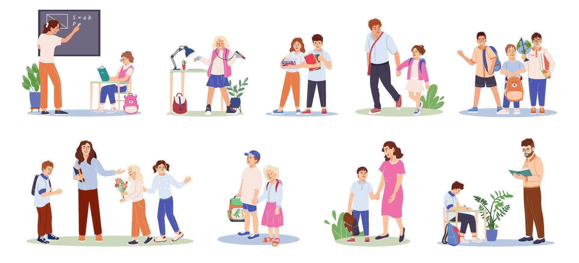Set of cute children with backpack going back to school with parents. Collection of funny pupils studying, learning, communicating with teacher during lesson Flat illustration isolated on white vector