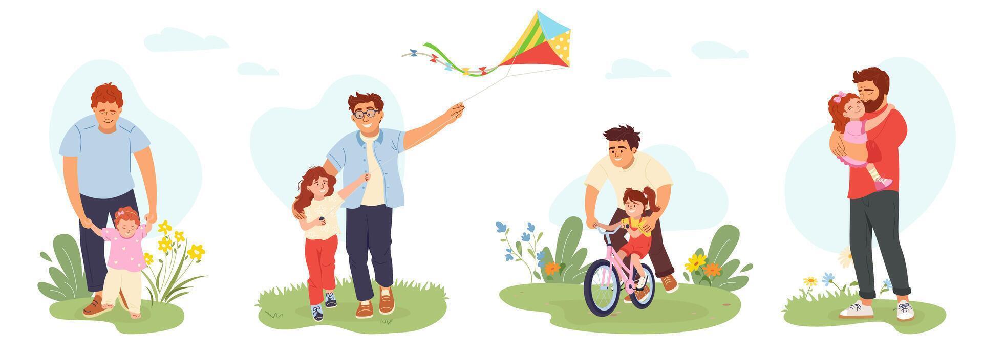 Father spending time with daughter outdoors. Cute cartoon scenes with dad walking, flying kite, teaching to ride a bike, hugging with child. set characters for Father's Day card, banner, print vector