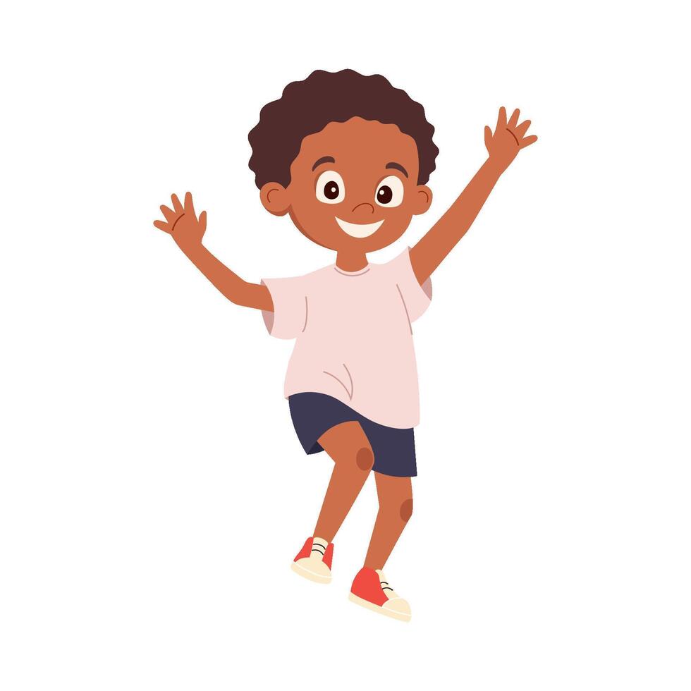 Happy cartoon boy jumping and smiling, celebrating success joyfully. Cute child in casual outfit having fun. Childhood character. illustration for card, banner, poster, print and design element vector