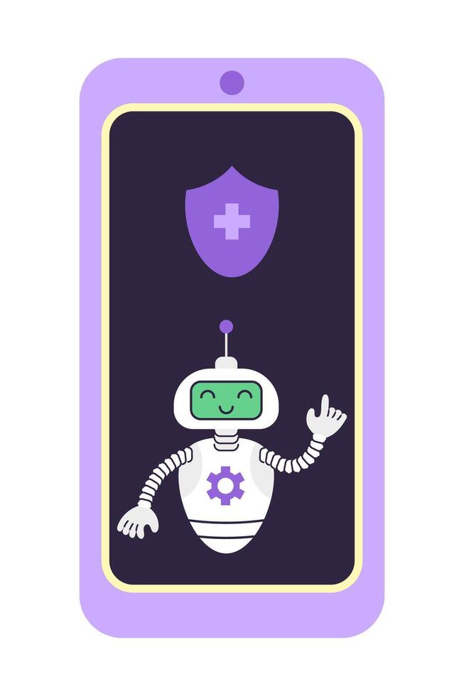 Robot and shield with cross on the smartphone screen. Concept of digital security and technical support. Isolated illustration. vector