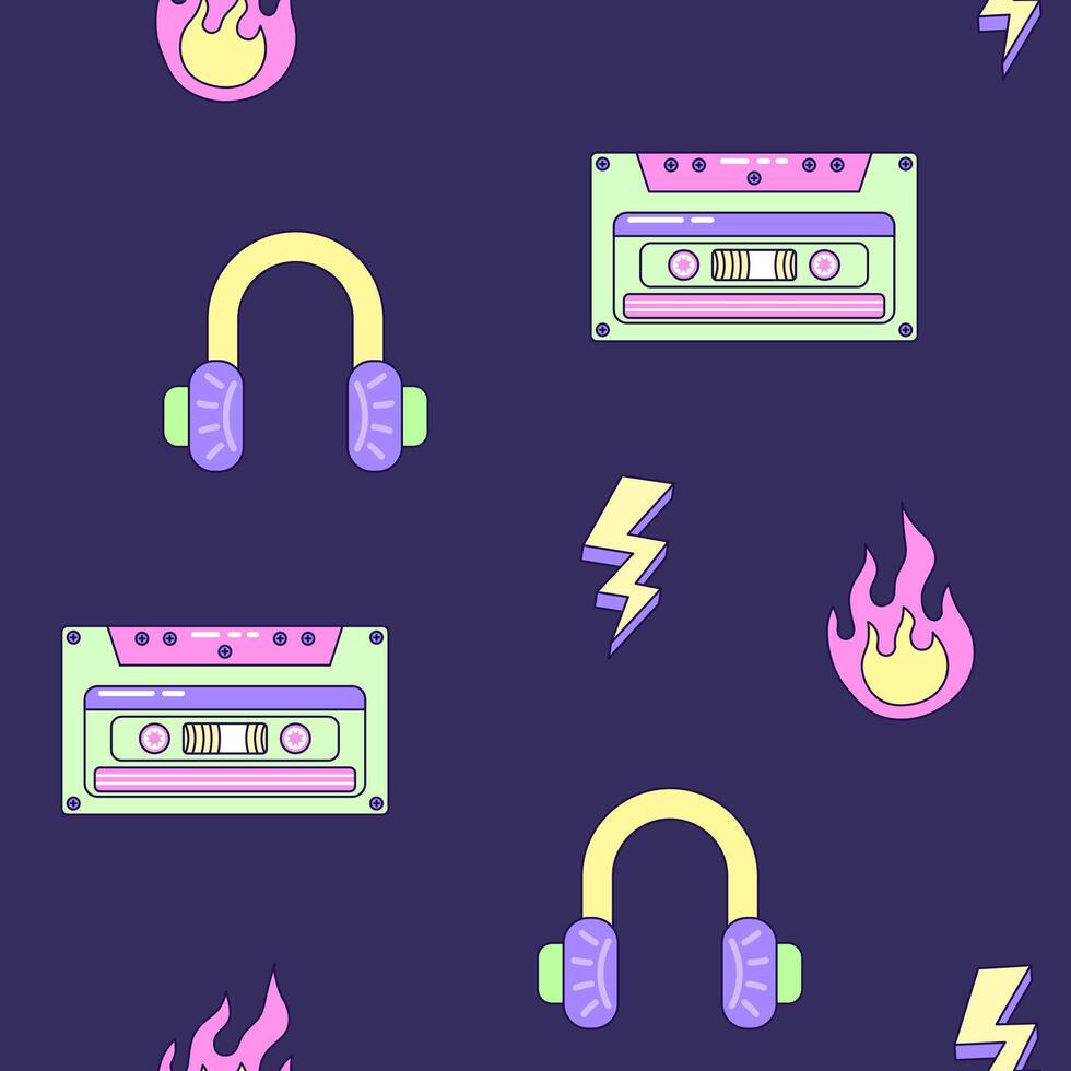 Seamless pattern with audio cassette and headphones. Multicolored elements on dark background. Retro illustration with outline in 90s style. illustration. vector