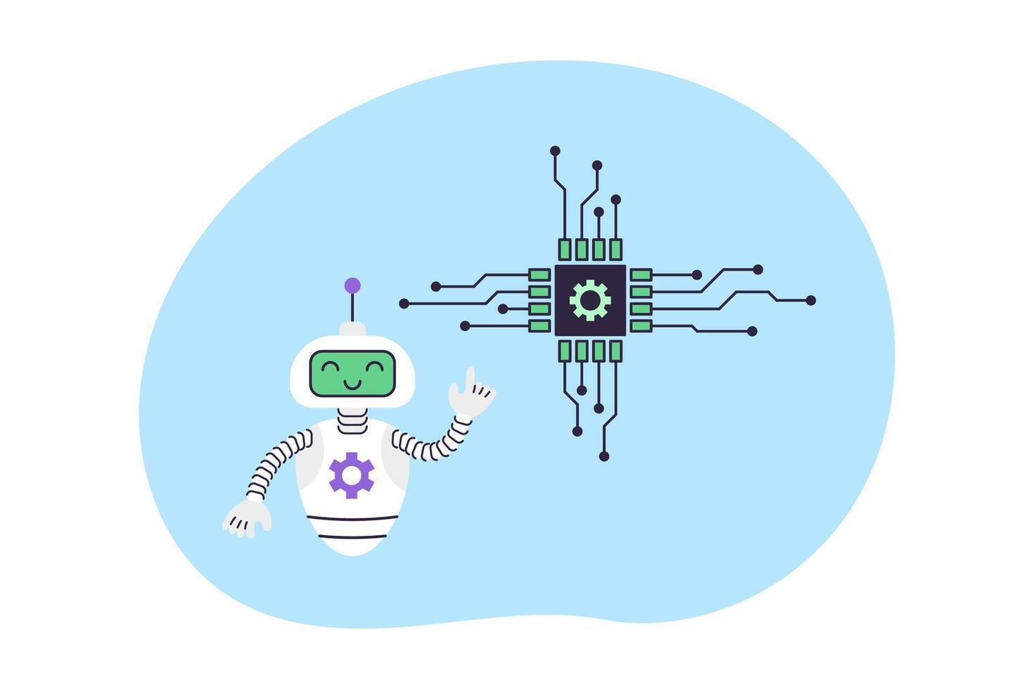 Cute robot points at electronic chip. Artificial Intelligence Virtual Assistant. Business and Education Concept. Isolated illustration. vector