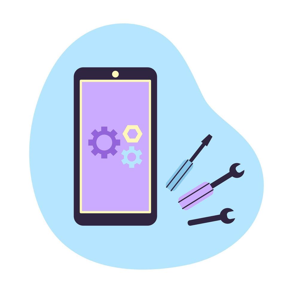 The mobile phone smartphone is located next to the tools, a wrench and a screwdriver. Concept of digital security and technical support. Isolated illustration. vector