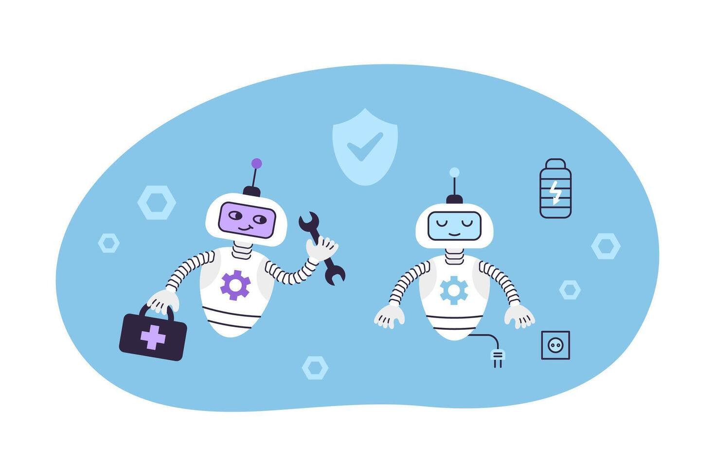 Cute android robot repairing another robot. Concept of digital security and technical support. Isolated illustration. vector
