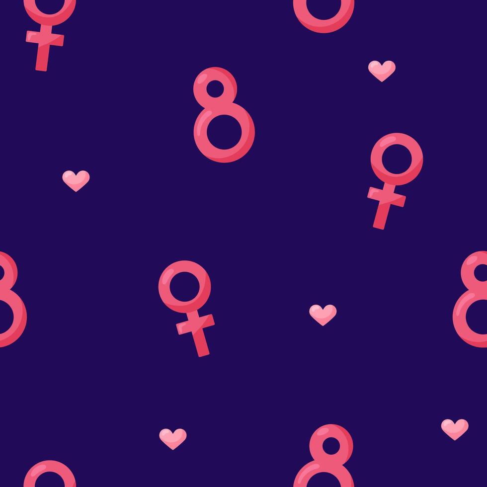 Seamless pattern with number 8 and female icon on dark background. March 8 Women's Day. illustration. vector