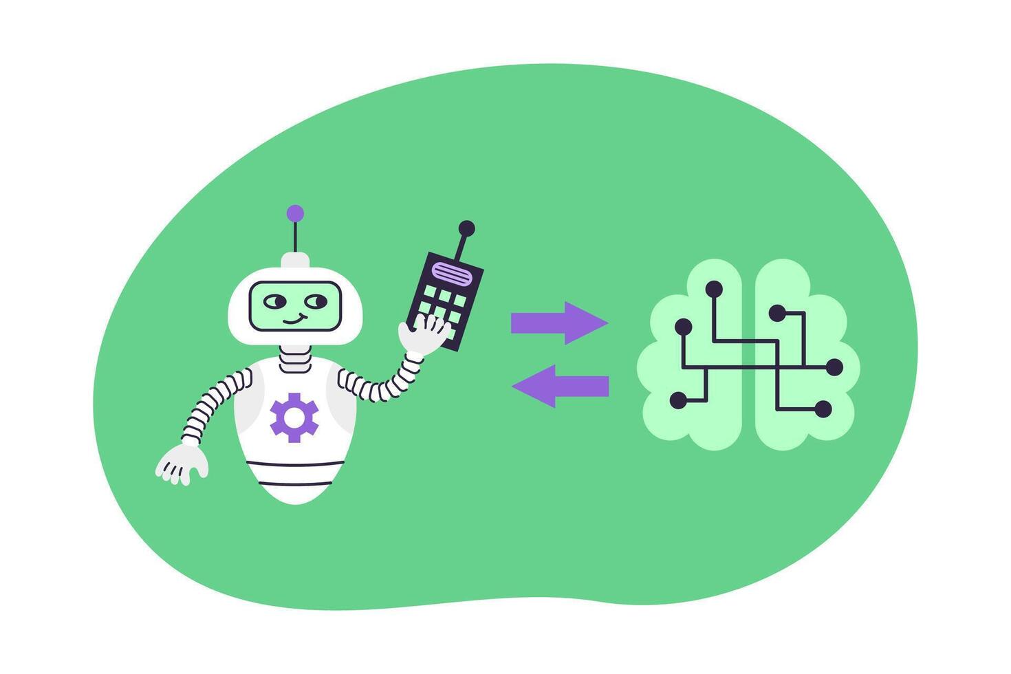 Robot and Brain with chip on green background. Concept of health and artificial intelligence. Isolated illustration. vector