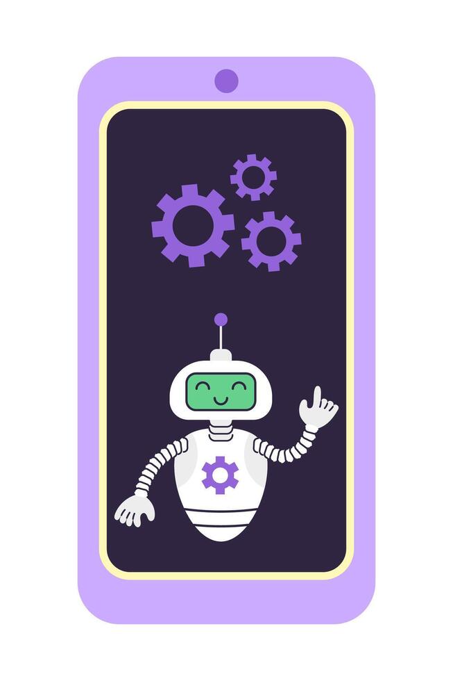 Robot and gears on the smartphone screen. Concept of digital security and technical support. Isolated illustration. vector