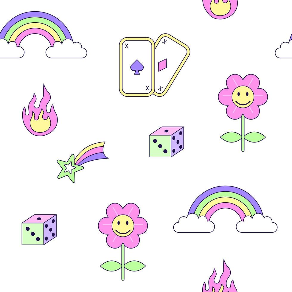 Seamless pattern with vintage flowers and rainbow in style of 90s. Multicolored elements on white background. Retro illustration with outline in 90s style. illustration. vector