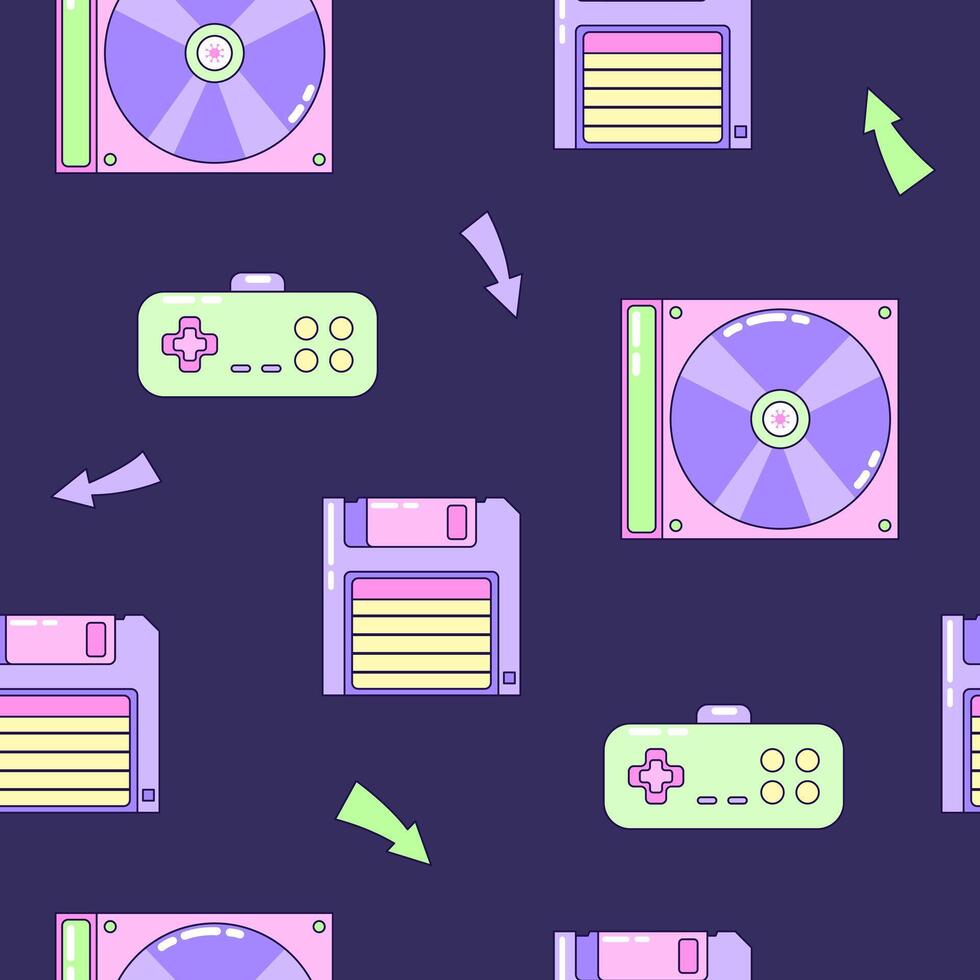 Seamless pattern with floppy disk and gamepad. Multicolored elements on dark background. Retro illustration with outline in 90s style. illustration. vector
